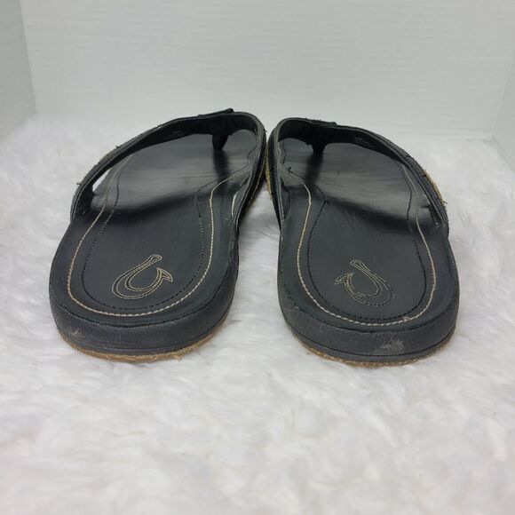 Olukai Kukui Men's Sandals Size 12 Black Leather Flip Flops Thongs Shoes - Picture 4 of 9